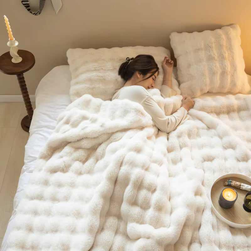 Tuscan Bubble Fur Rabbit Blanket – Double-Sided, Thickened & Ultra-Soft