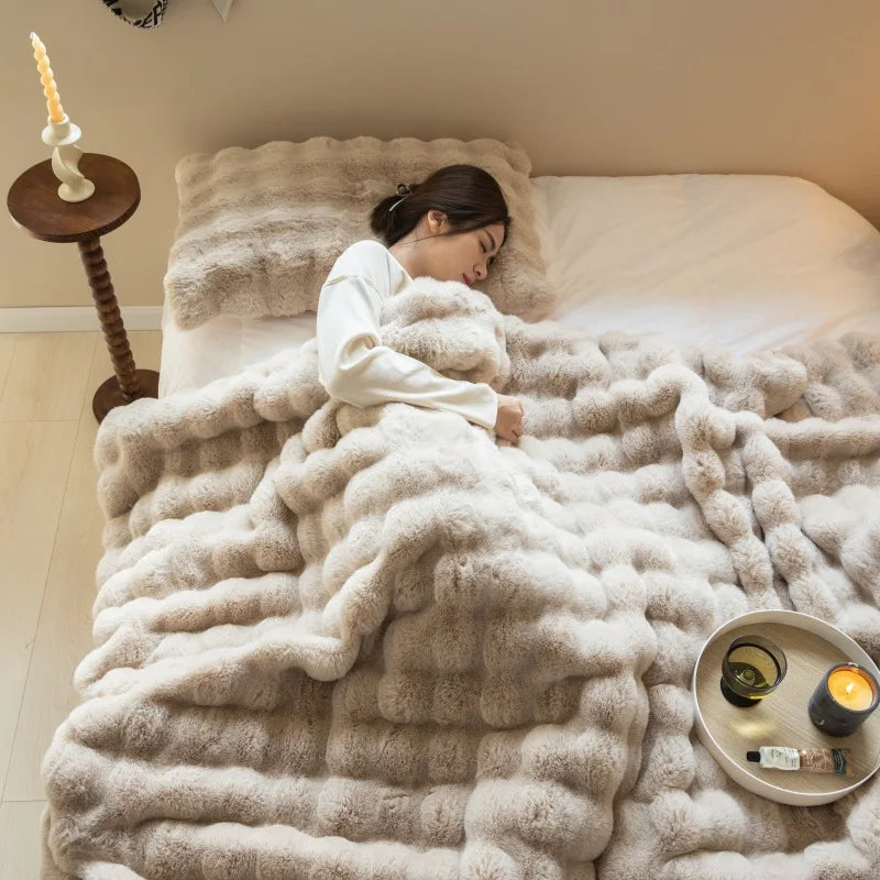 Tuscan Bubble Fur Rabbit Blanket – Double-Sided, Thickened & Ultra-Soft